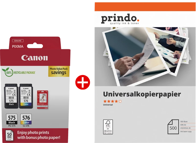 Original Canon PG-575+CL-576 MCVP / + Prindo Universal Papier 500 Blatt Tinte Schwarz bis zu 200 Seiten