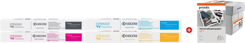 Original Kyocera TK-8605 MCVP / + Prindo Universal Papier 2500 Blatt Toner Schwarz Cyan Magenta Gelb bis zu 90000 Seiten