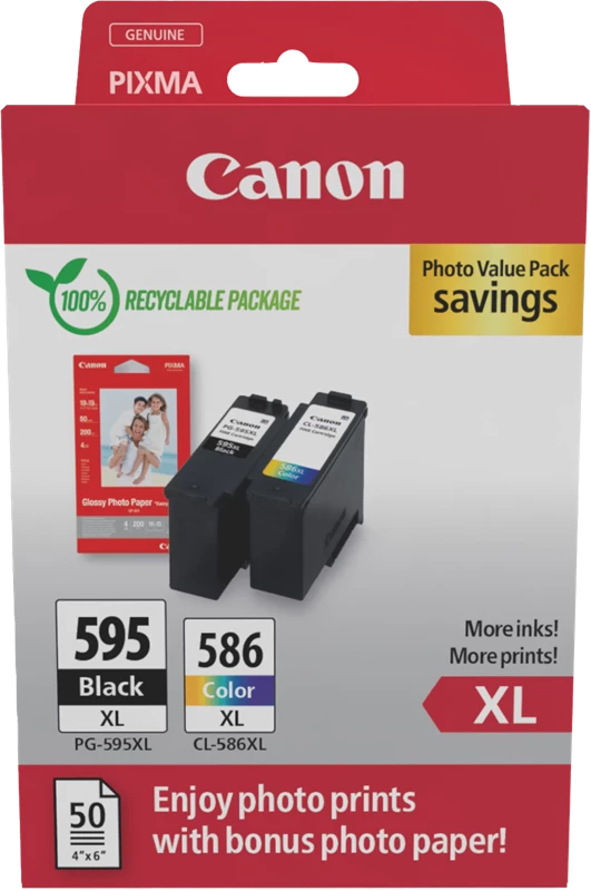 Original Canon PG-595XL+CL-586XL / + Fotopapier 50 Blatt 10x 15 cm Tinte Schwarz bis zu 600 Seiten