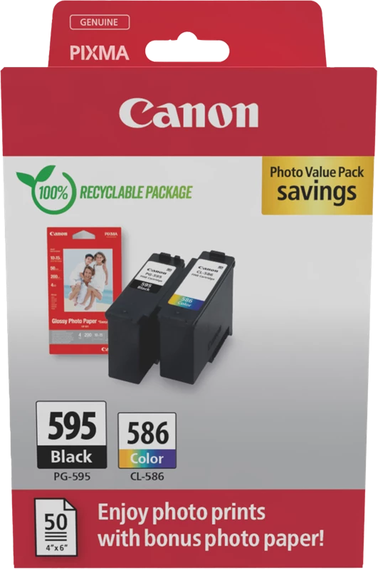 Original Canon PG-595+CL-586 / + Fotopapier 50 Blatt 10x 15 cm Tinte Schwarz bis zu 360 Seiten