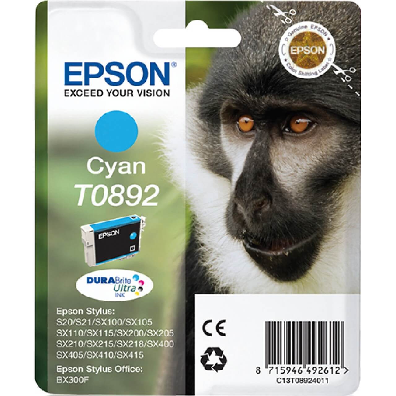 Epson Original T0892 / C13T08924011 Tintenpatrone Cyan bis zu 170 Seiten