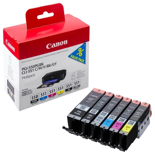 Original Canon PGI-550-CLI-551M6 Tinte Schwarz Cyan Magenta Gelb Grau Foto Schwarz bis zu 300 Seiten 35ml 6er-Pack
