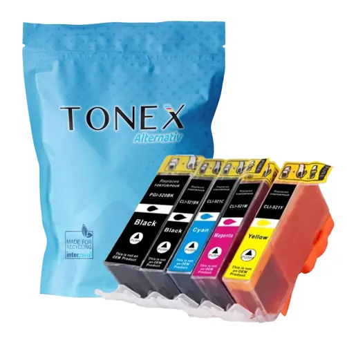 TONEX alternativ für Canon PGI-520 + CLI521 Tinte Schwarz Cyan Magenta Gelb Foto Schwarz 65ml Spar-Set