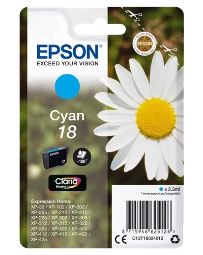 Epson Original 18 / C13T18024012 Tintenpatrone Cyan bis zu 180 Seiten