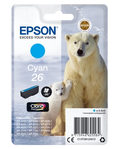 Original Epson C13T26124012 / 26 Tinte Cyan bis zu 300 Seiten