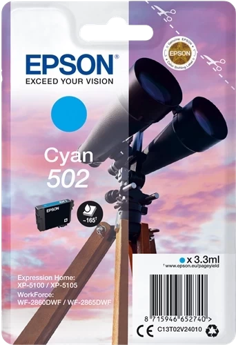 Epson Original 502 / C13T02V24010 Tintenpatrone Cyan bis zu 160 Seiten 3ml