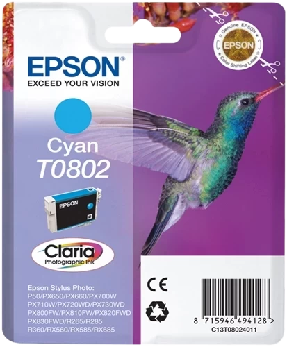 Epson Original T0802 / C13T08024011 Tintenpatrone Cyan bis zu 435 Seiten