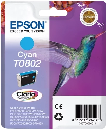 Epson Original T0802 / C13T08024011 Tintenpatrone Cyan bis zu 435 Seiten 7ml