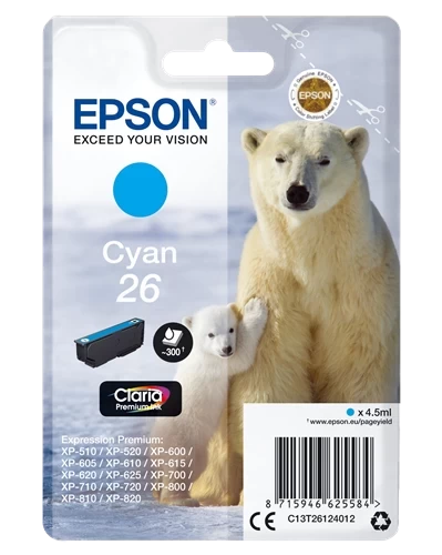 Epson Original 26 / C13T26124012 Tintenpatrone Cyan bis zu 300 Seiten