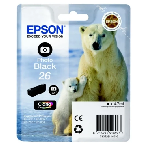 Epson Original 26 / C13T26114010 Tintenpatrone Foto Schwarz Schwarz (Hell) bis zu 200 Seiten 5ml